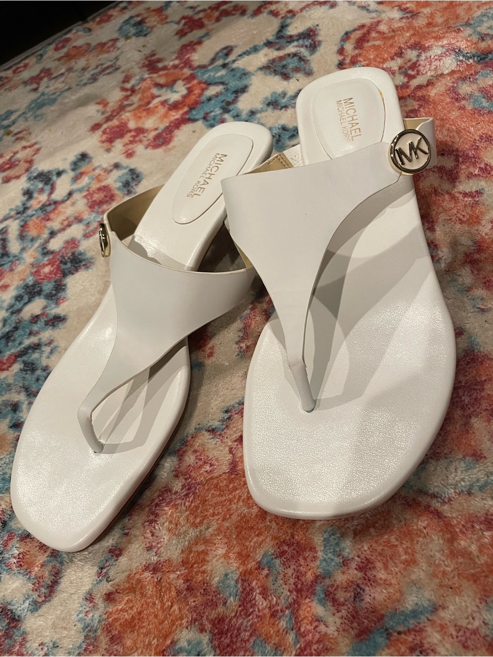 Michael Kors White Thong Sandals with Gold MK Medallion